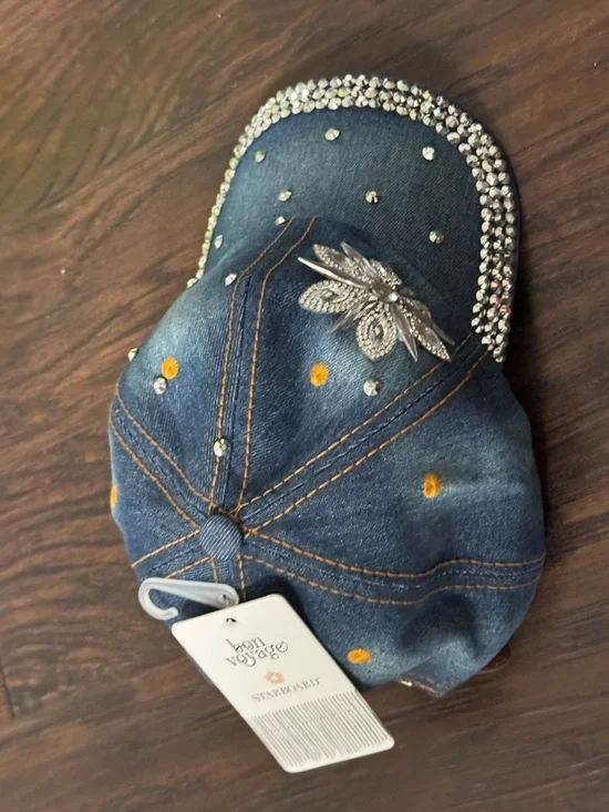 Bon Voyage Denim Cap with Crystal Floral Accent , New w/ Tag - Picture 7 of 10
